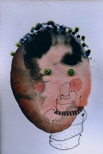 Empty ink bottle, beads and ink blob